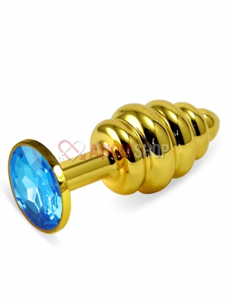 Metal Jeweled Gold Mavi Taşlı Boğumlu Küçük Metal Anal Plug